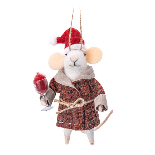 Adorno Navideño Ratón con Bata y Copa de Vino