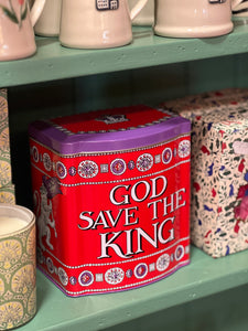 Caja de lata rectangular con diseño "God save the king"