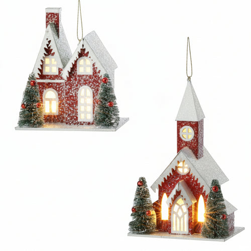 Adorno de casita de pueblo roja  ( 11.43cm )