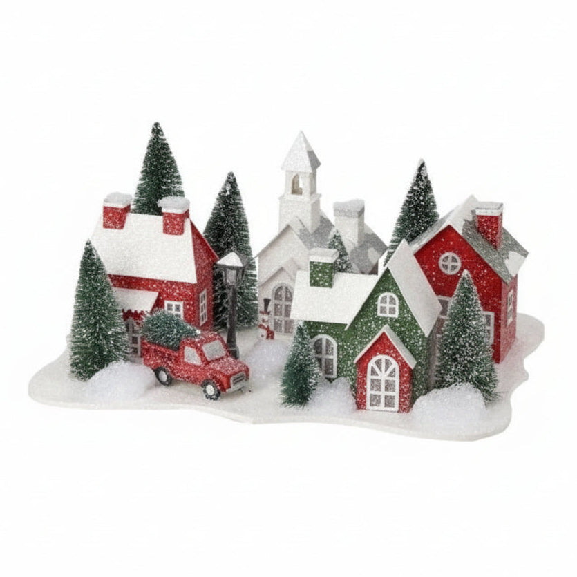 Pueblo Navideño Iluminado: Diorama Invernal con Glitter ( 35.60cm)