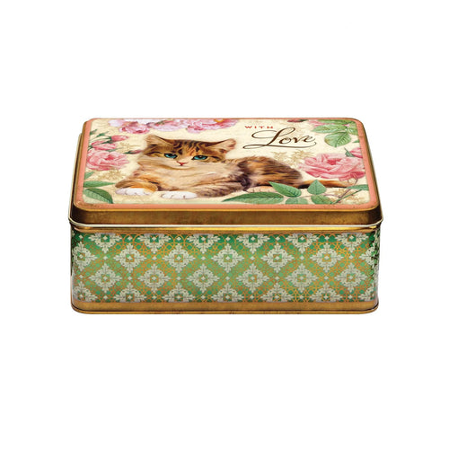 Caja de lata rectangular con diseño gato 