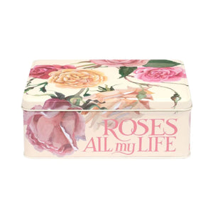 Caja de lata rectangular con diseño de rosas