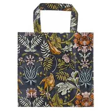Bolsa pequeña plastificada con dibujo de hojas y pájaros