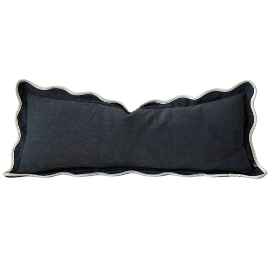 Funda de almohadón/cojín cilíndrico azul marino con borde festoneado