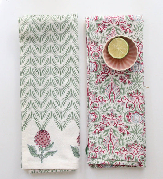 Paño de cocina estampado a mano  Olas verde alcachofa