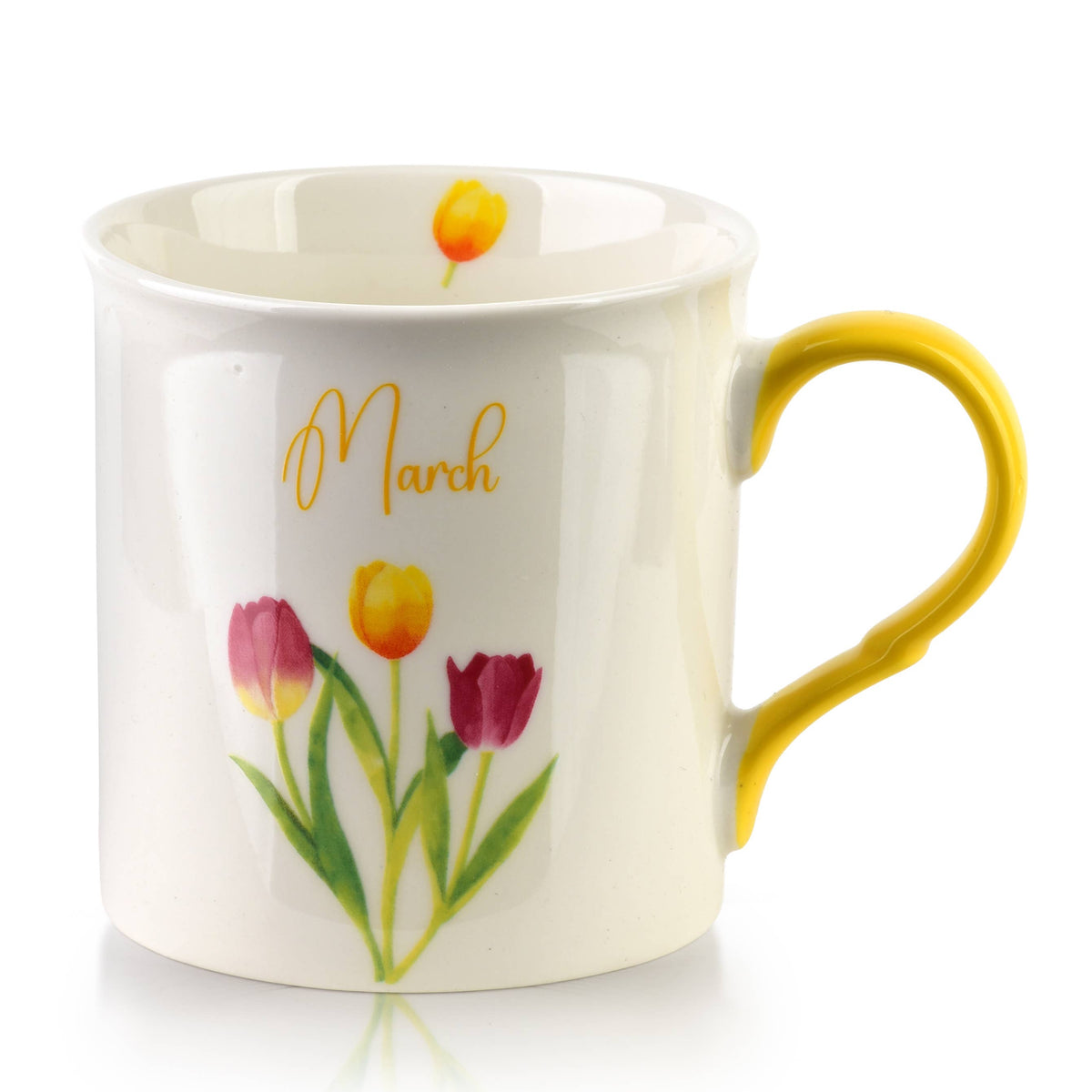 Taza amarilla de porcelana, mes de marzo