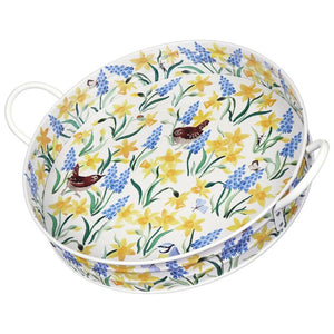 Bandeja redonda de lata con diseño de herrerillos azules y flores de primavera