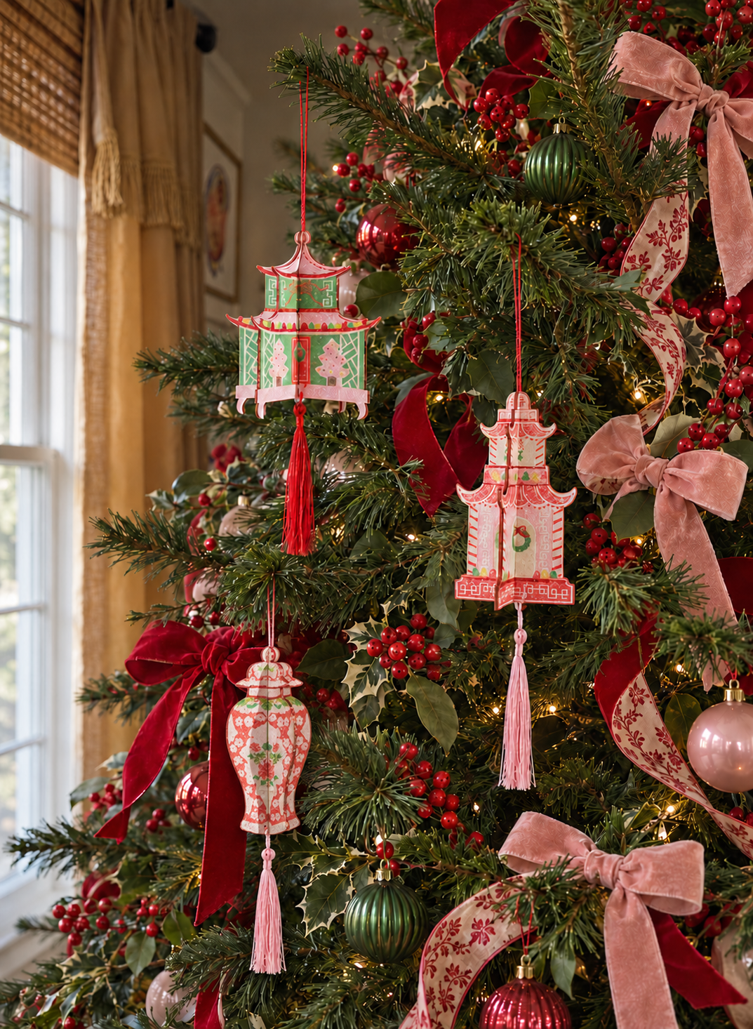Adornos de árbol de jarrones chinoiserie en cartón