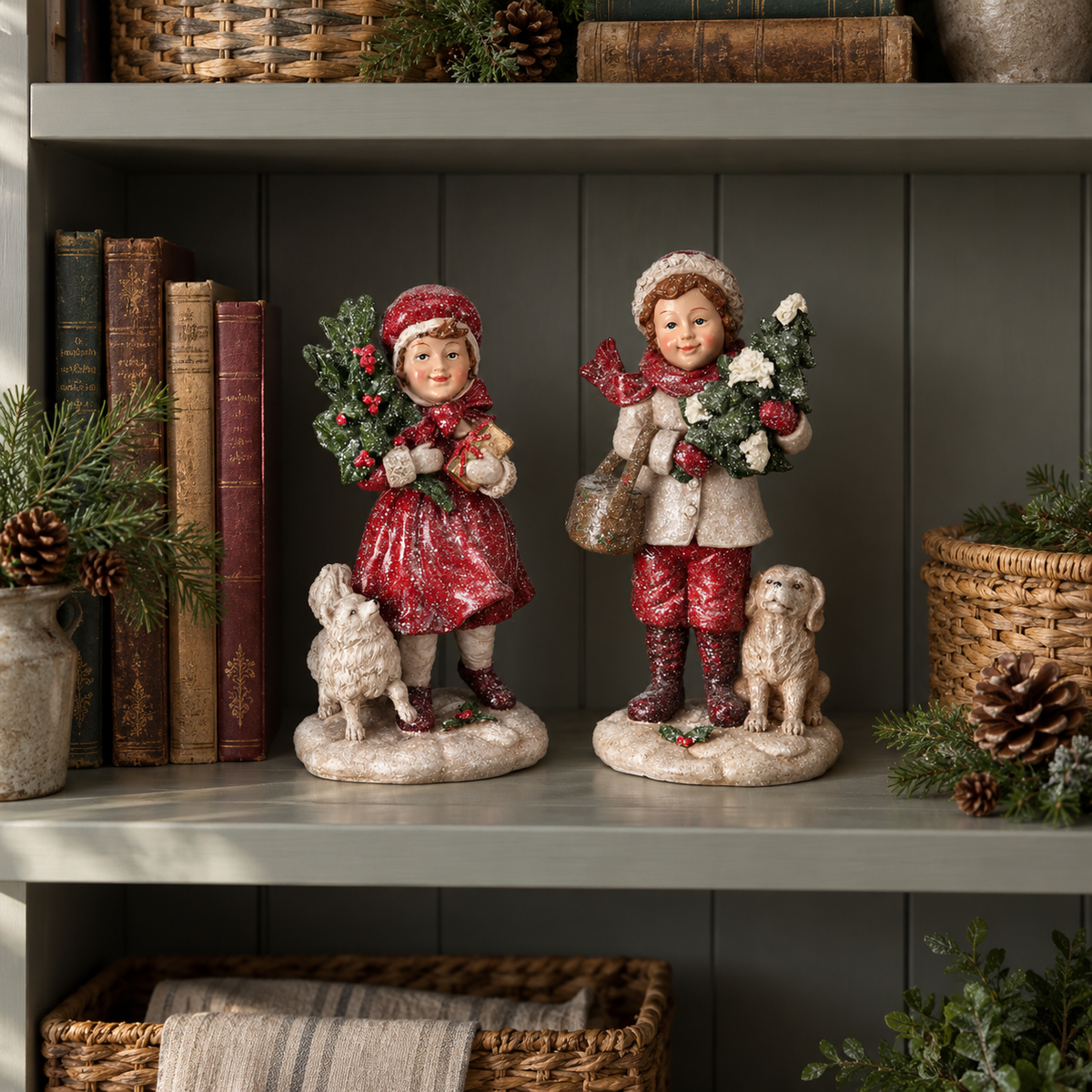 Figuras de Resina de Invierno  Niña y Niño