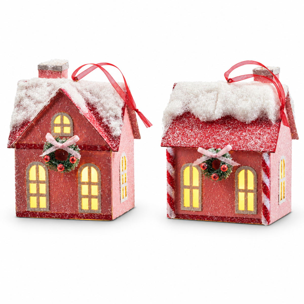Adornos de casitas rosas navideñas con luz