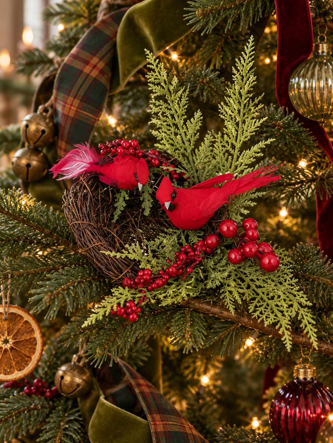 Adorno Navideño de Nido con Cardenales, Bayas y Ramas de Cedro