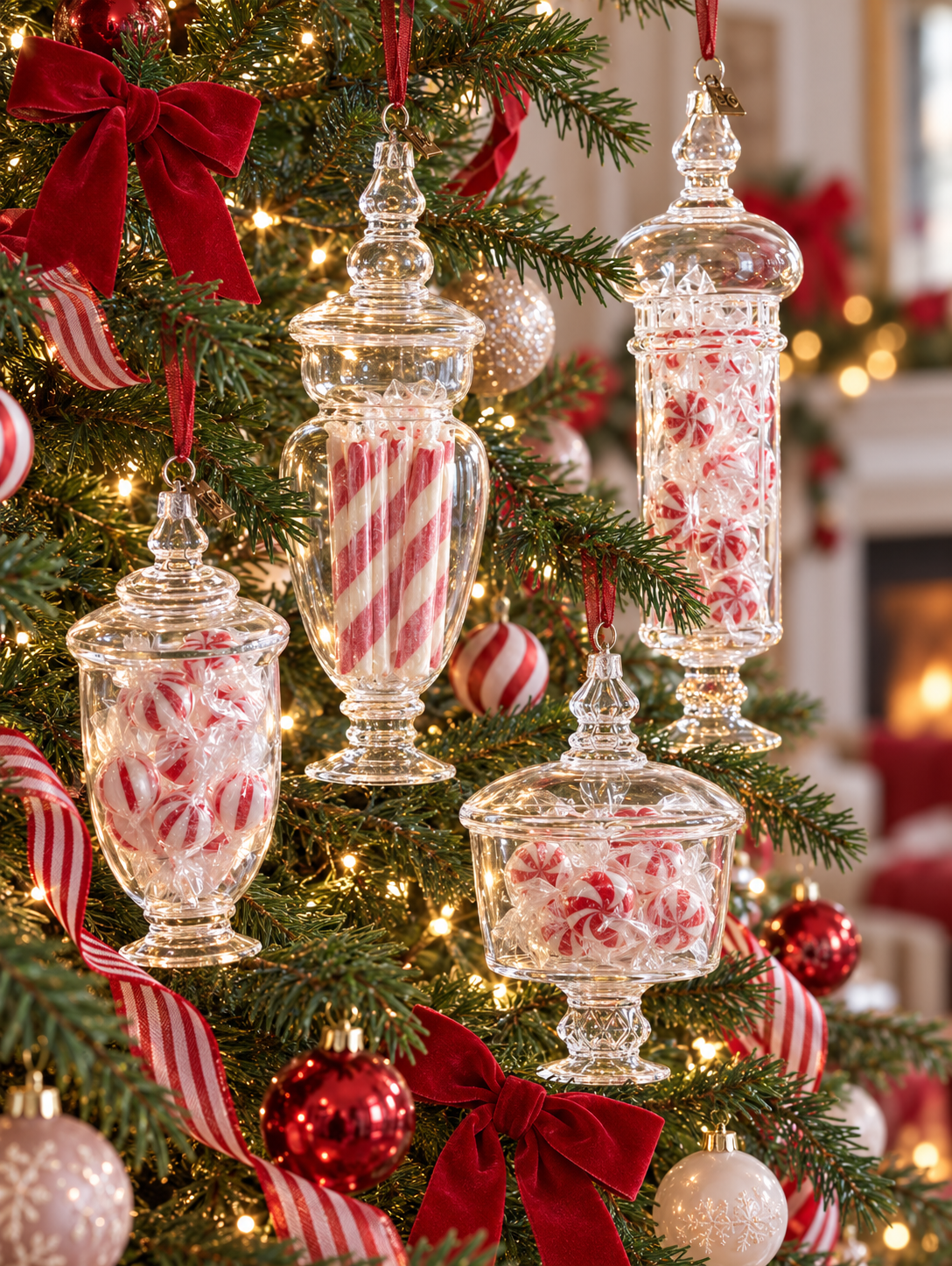 Adorno de árbol tarro de cristal con caramelos rayados