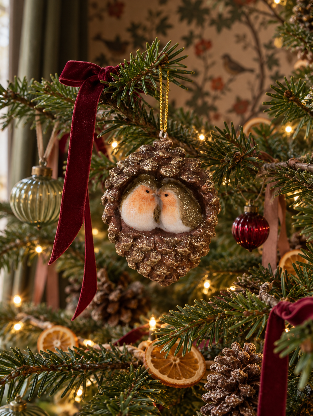 Adorno de Navidad piña con dos petirrojos, colgante