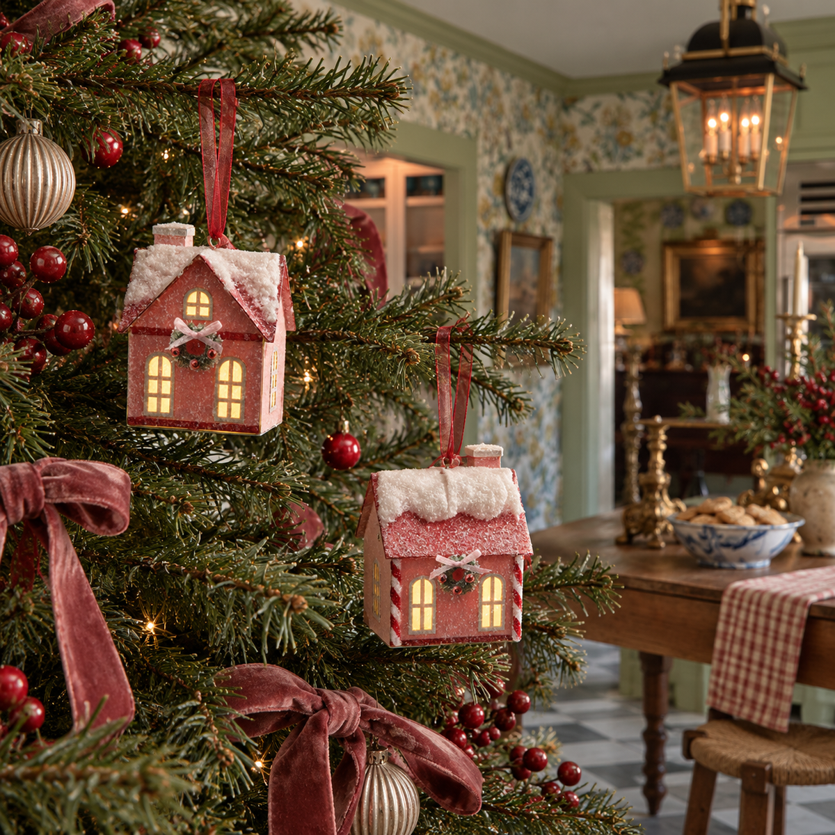 Adornos de casitas rosas navideñas con luz