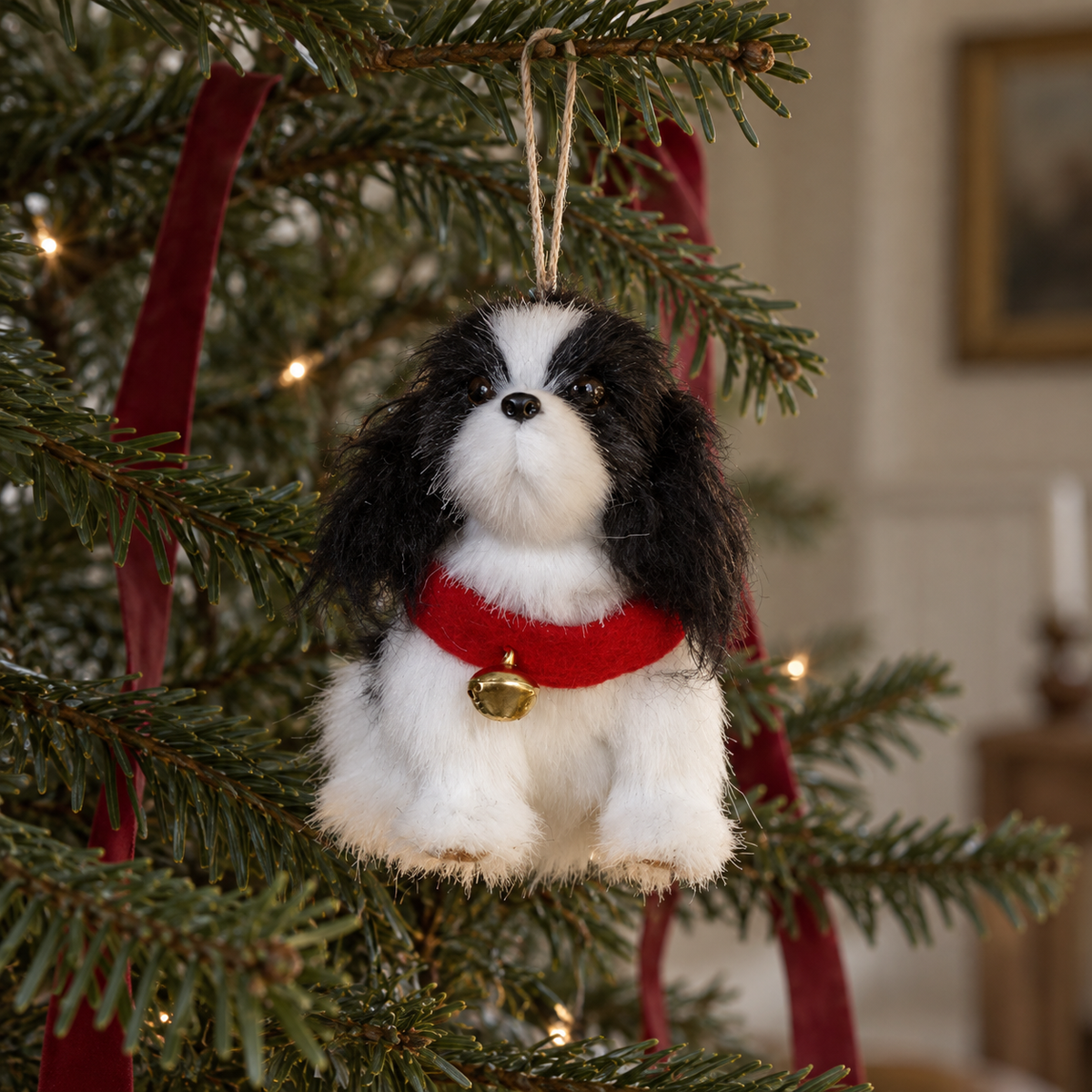Adorno de Navidad de cocker spaniel blanco y negro