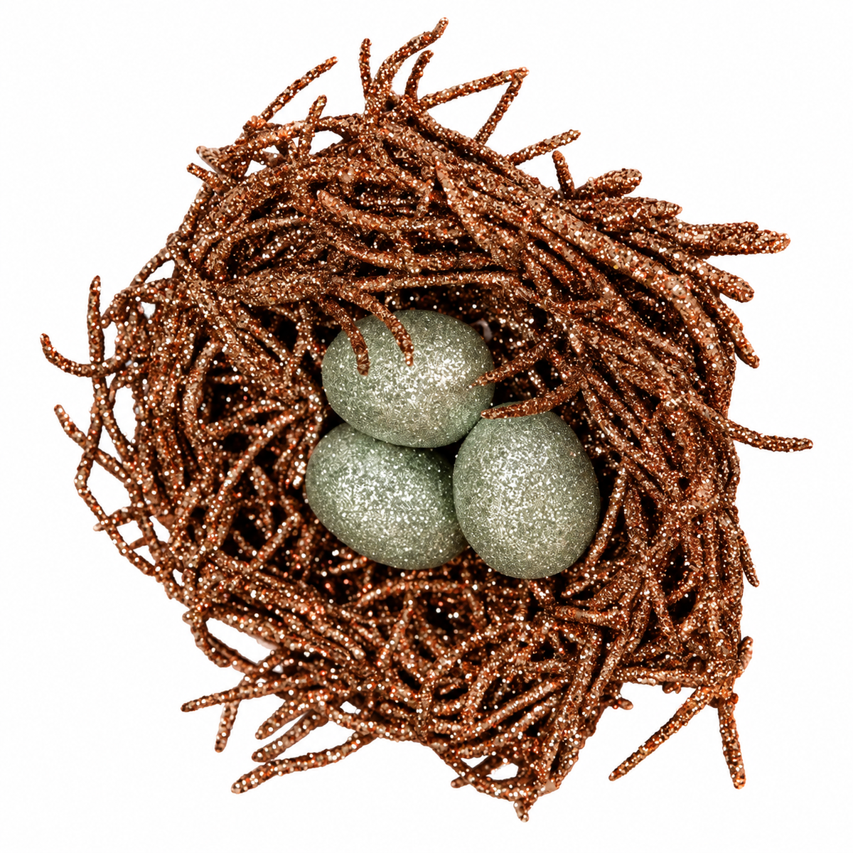 Nido decorativo con huevos, purpurina y varilla