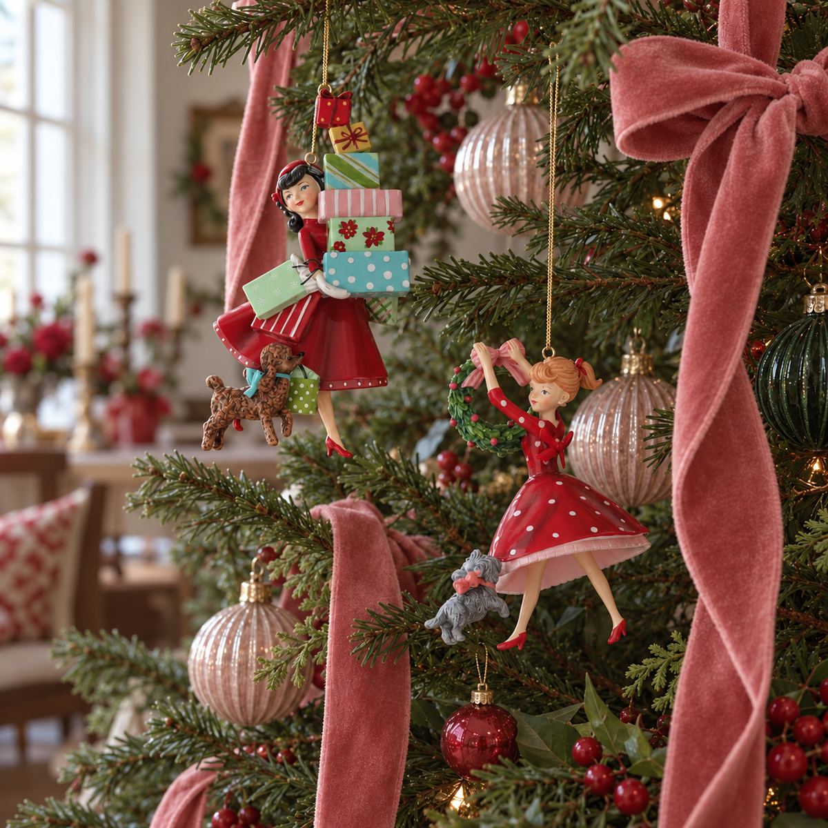 Adornos Damas Retro: Espíritu Navideño Clásico