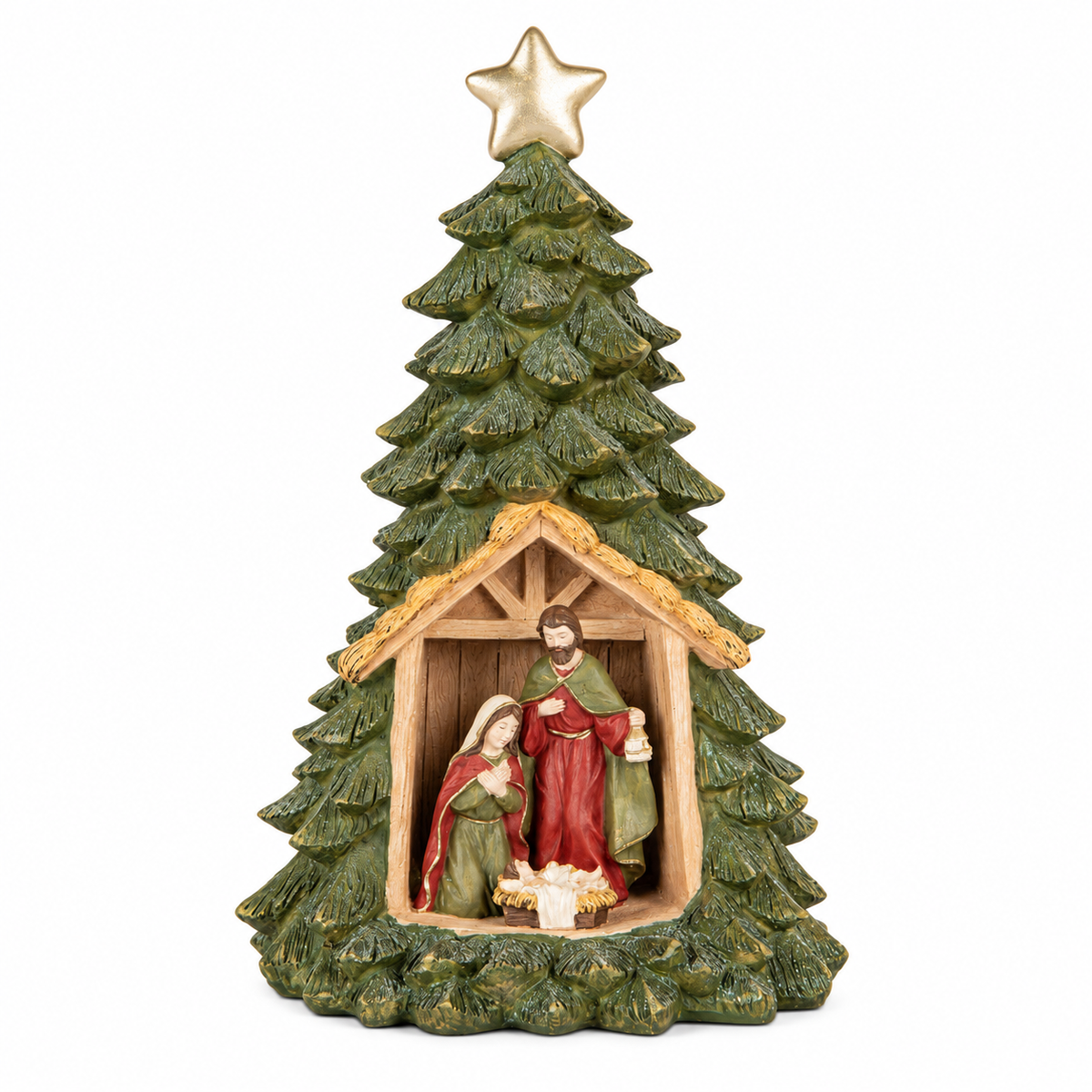 Nacimiento dentro de árbol de Navidad con estrella