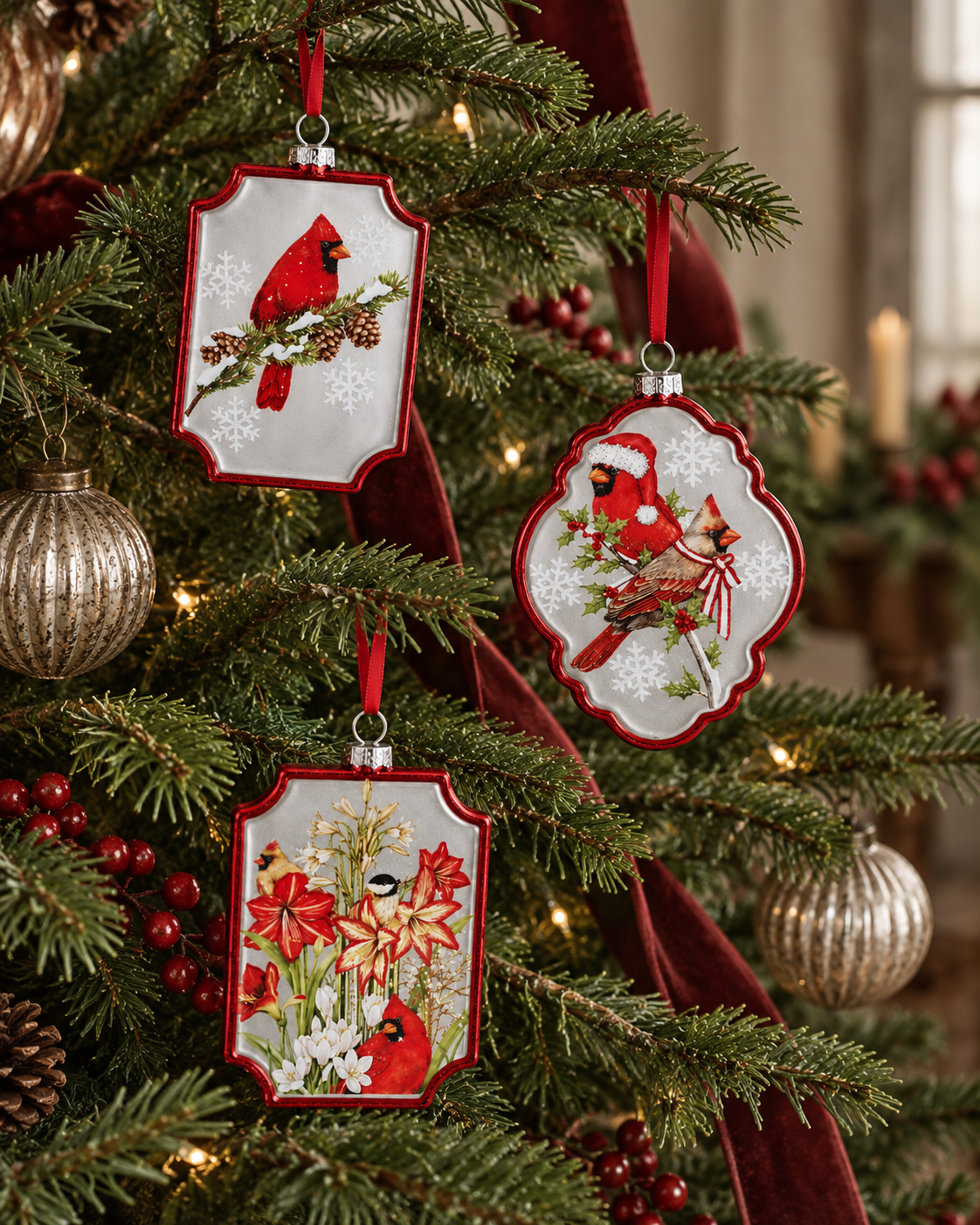 Bolas de Navidad de cardenales en marco de vidrio