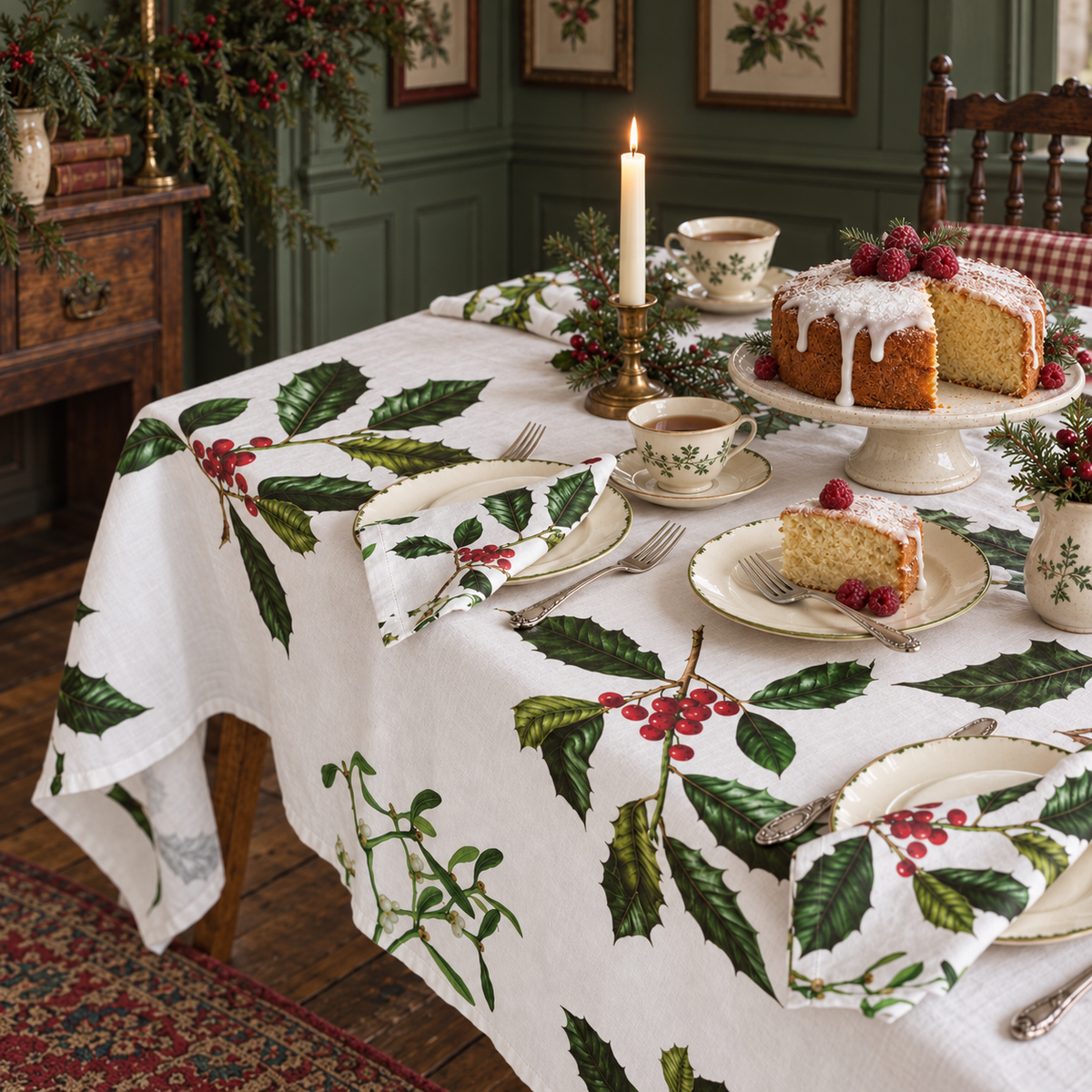 Mantel de lino  "Holly & Mistletoe Christmas" (170x330 cm)