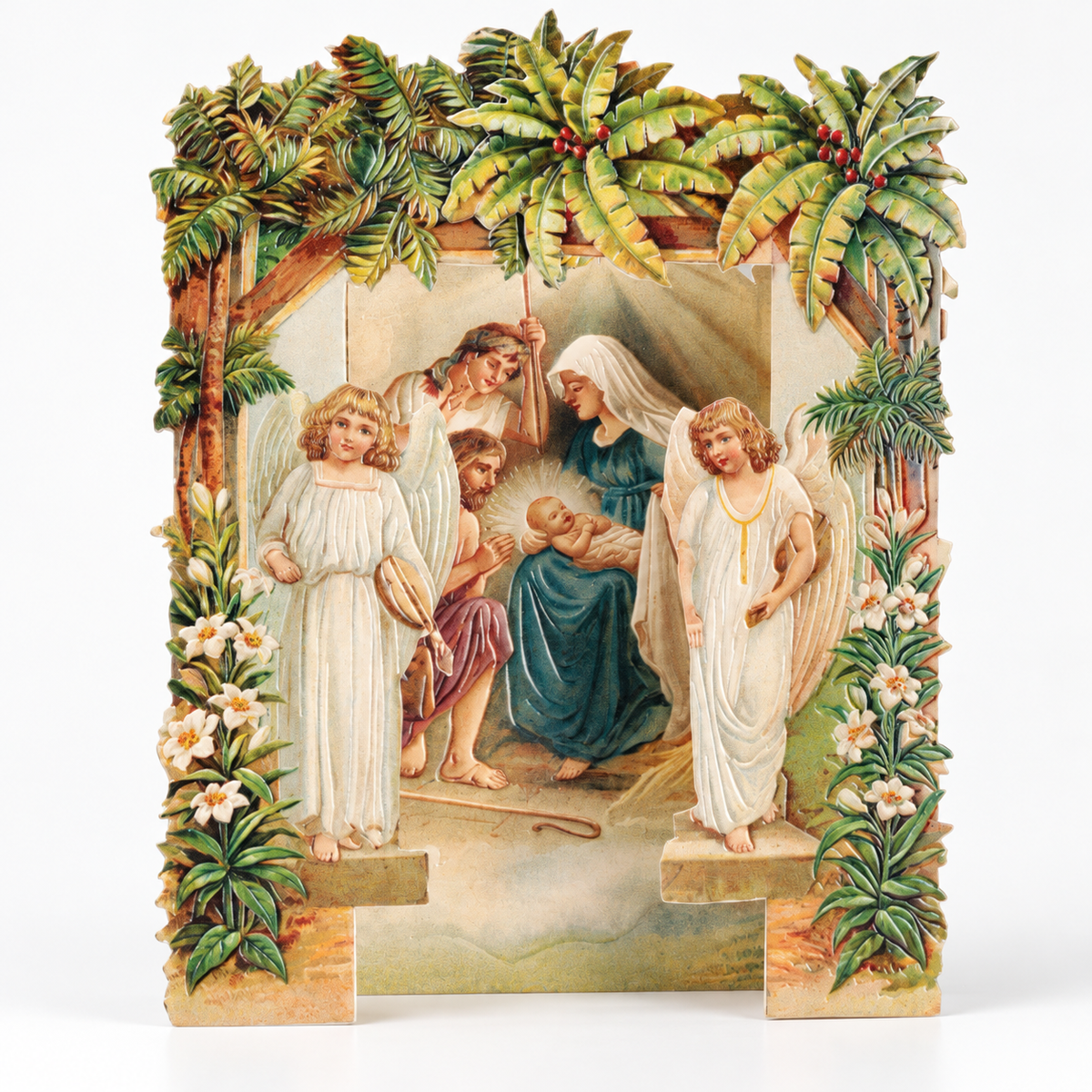 Tarjeta de Navidad en 3D con Pesebre, Palmeras y Ángeles