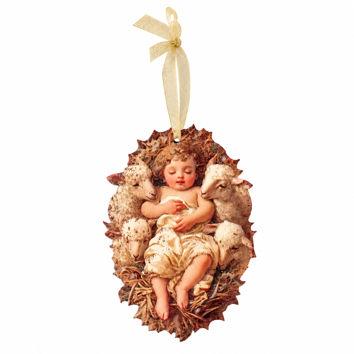 Adorno de metal Niño Jesús con corderitos