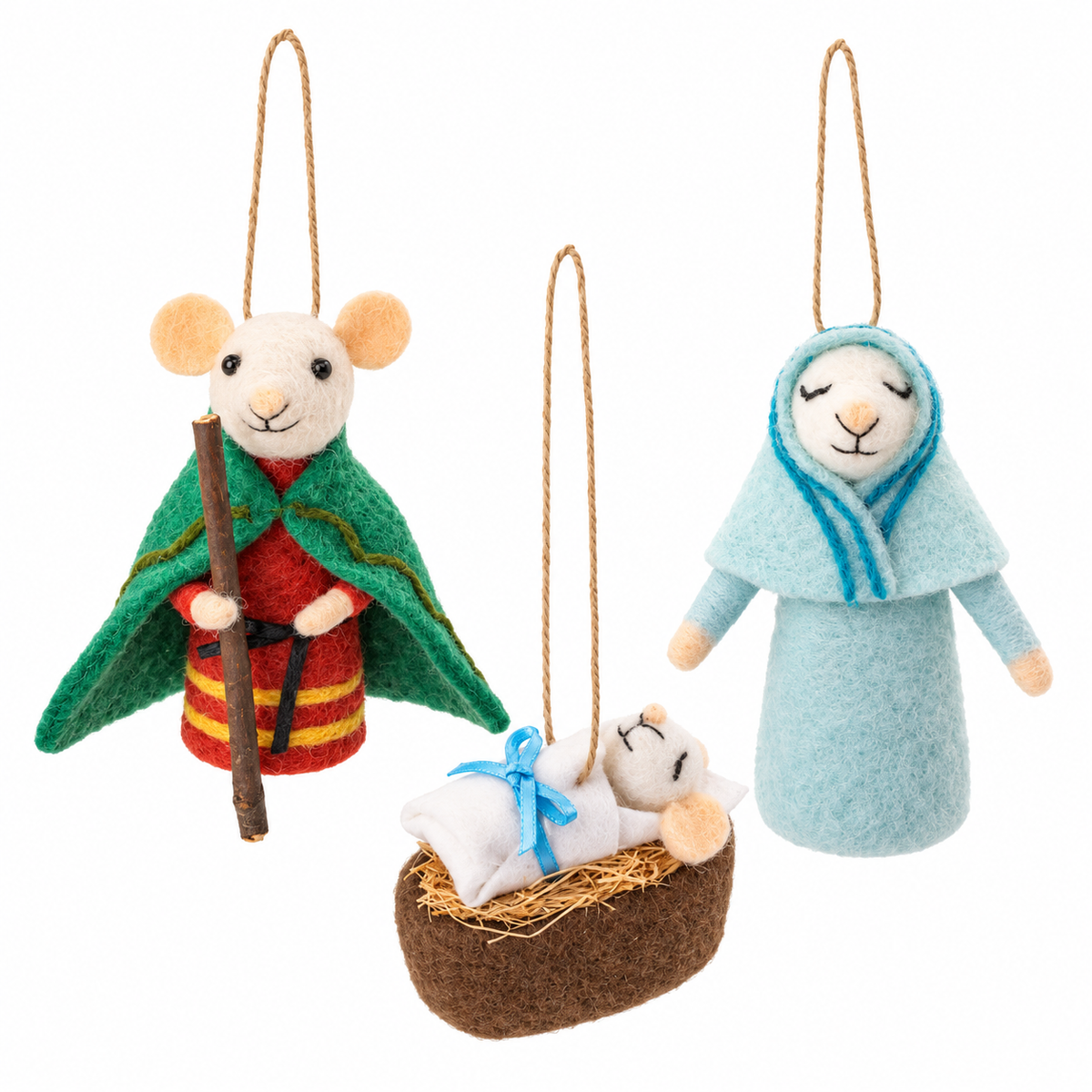 Set de 3 Adornos de Fieltro: Natividad de Ratoncito