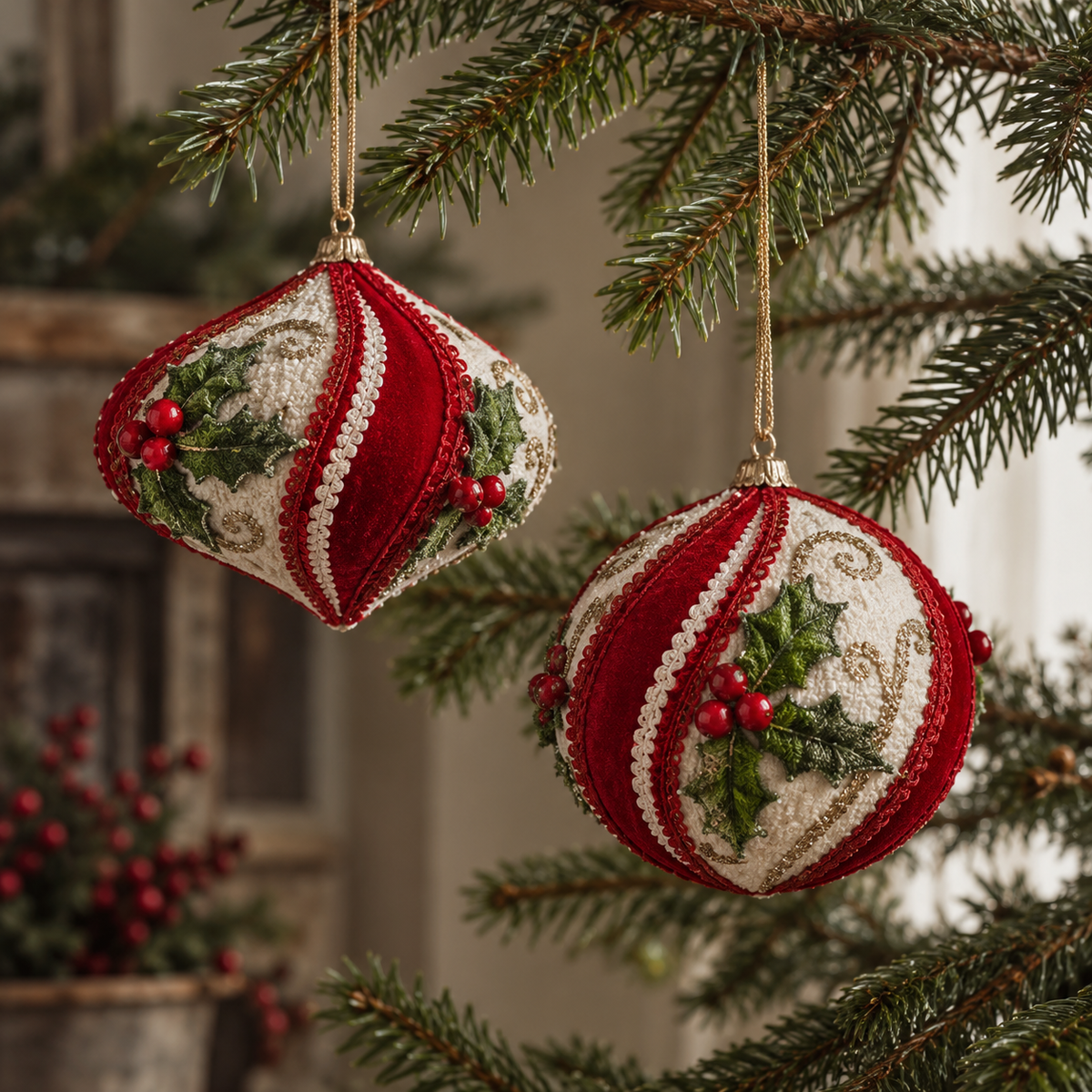 Adorno navideño de terciopelo rojo con acebo