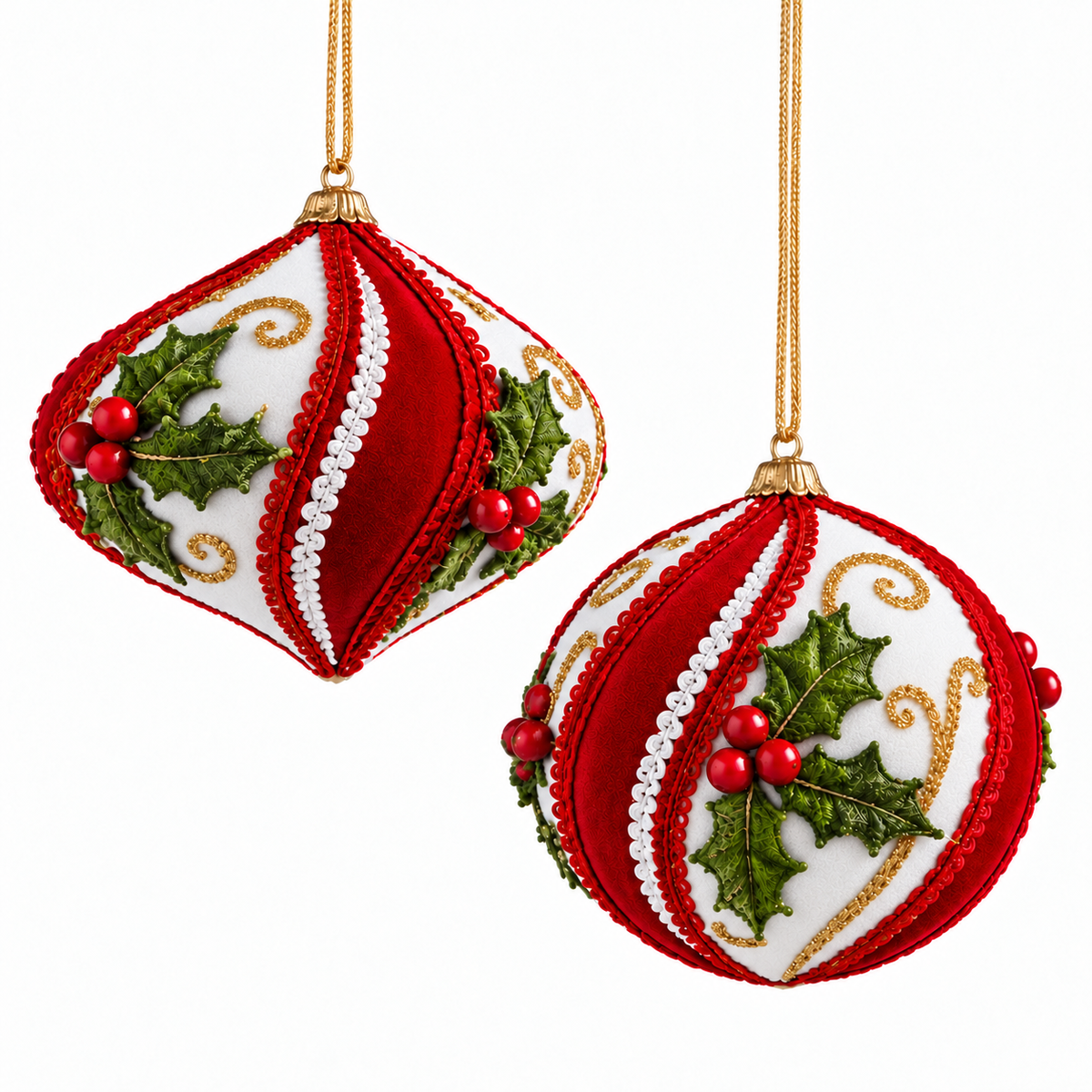 Adorno navideño de terciopelo rojo con acebo