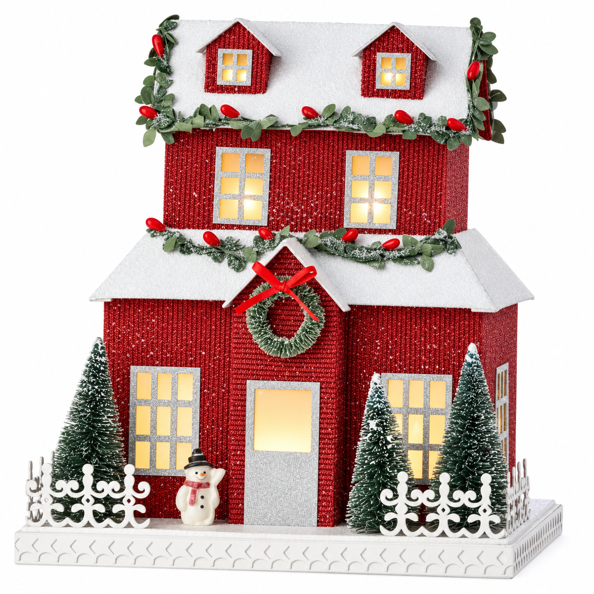 Casa de Pueblo Navideña Roja con Muñeco de Nieve