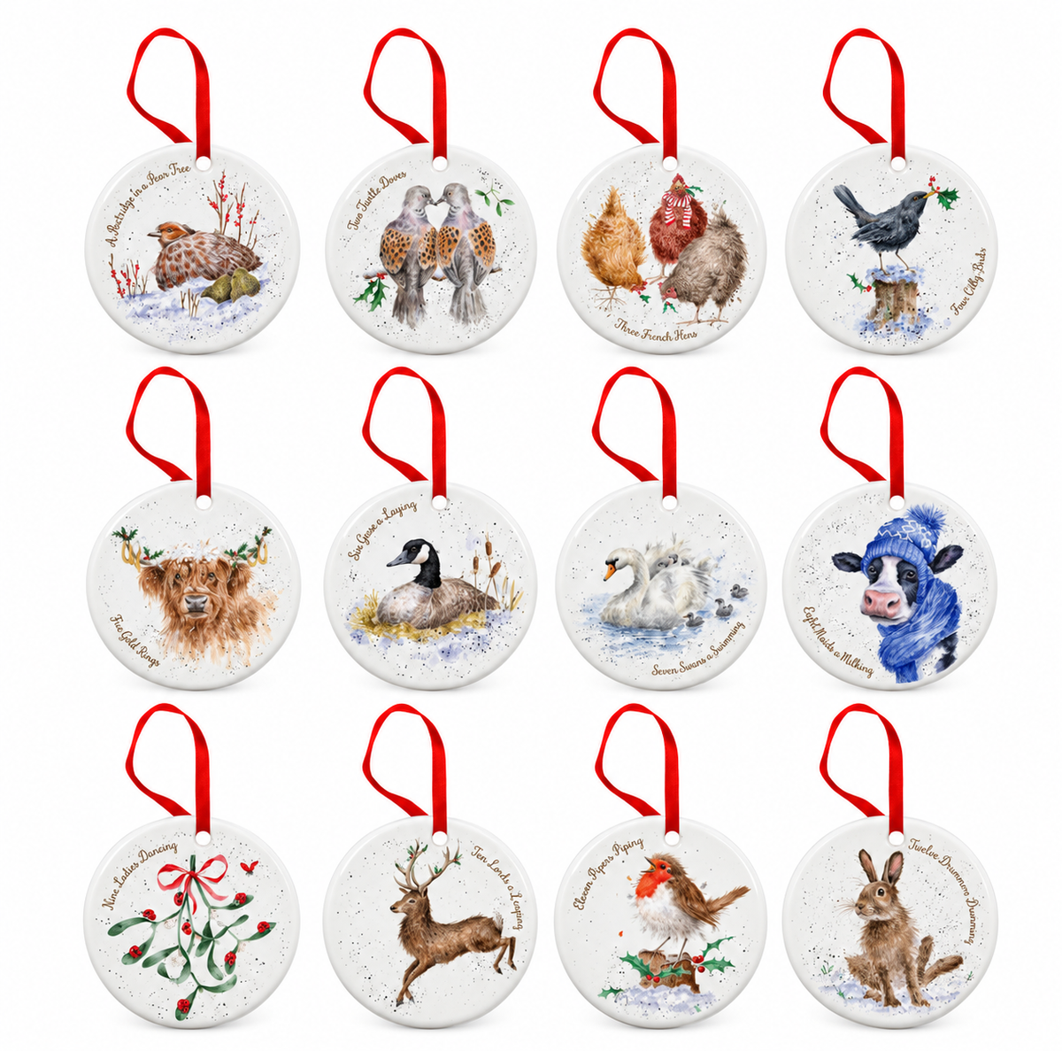 Caja de 12 decoración navideña en porcelana " Los 12 Días de la Navidad "