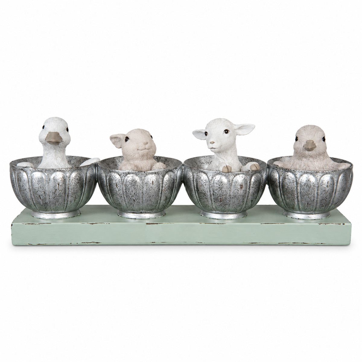 Figura decorativa de animales en copas plateadas – Estilo rústico navideño