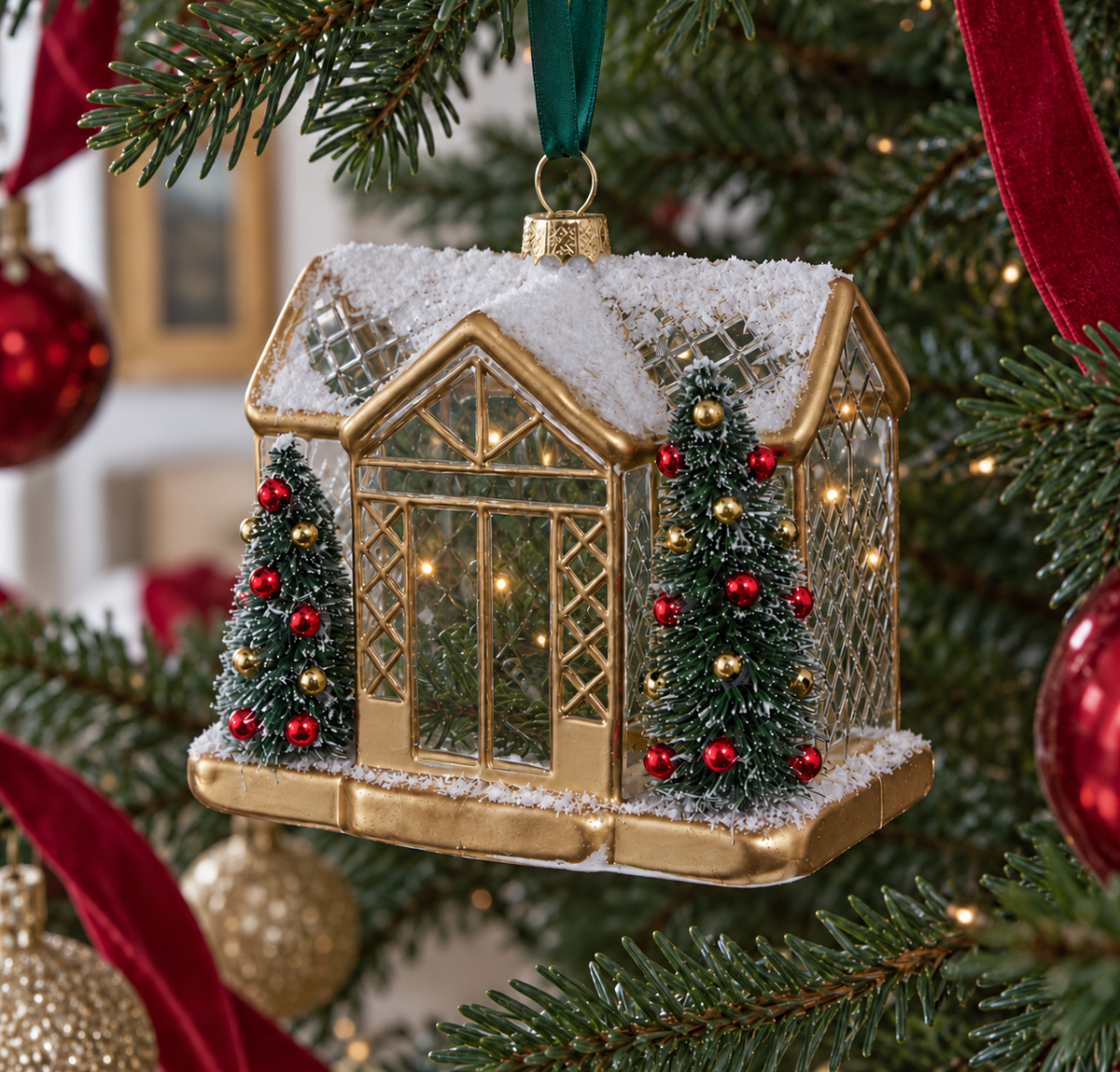 Adorno para el árbol de un invernadero dorado
