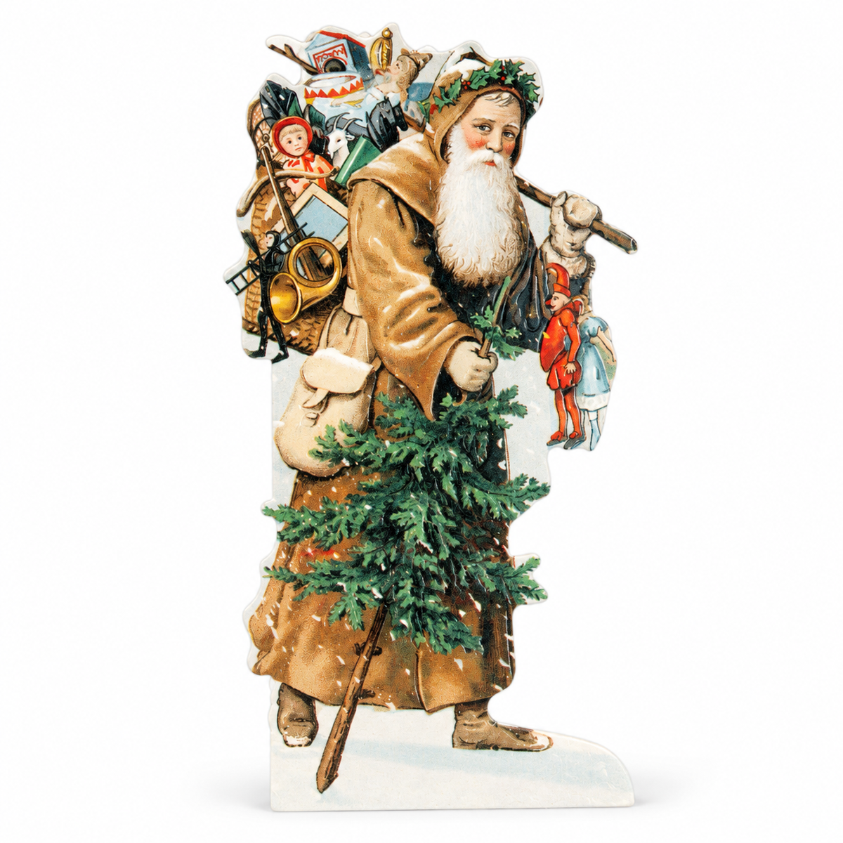 Tarjeta navideña nostálgica con Papá Noel, árbol de Navidad y juguetes