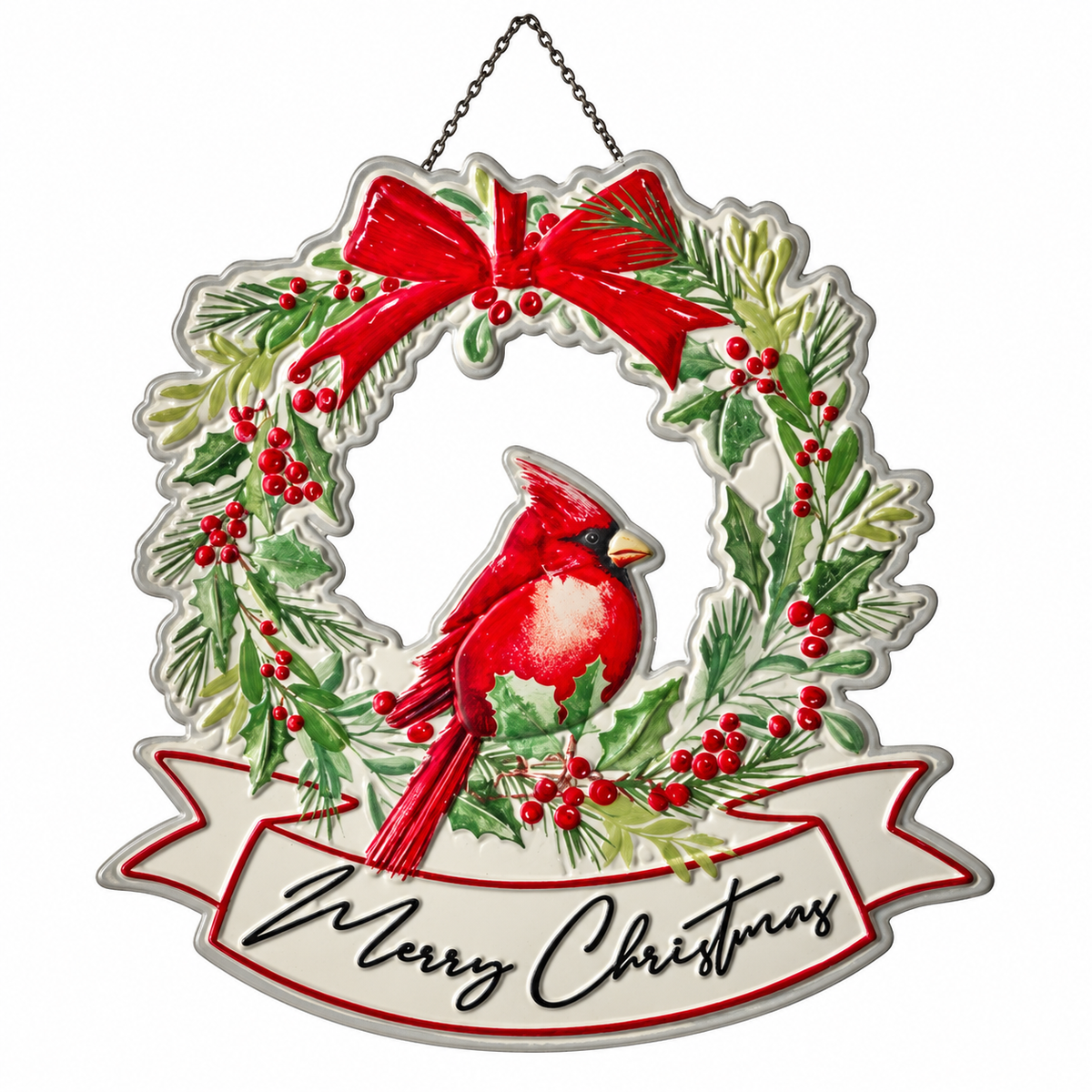 Adorno Metálico “Merry Christmas” con Cardenal (35,5 cm)