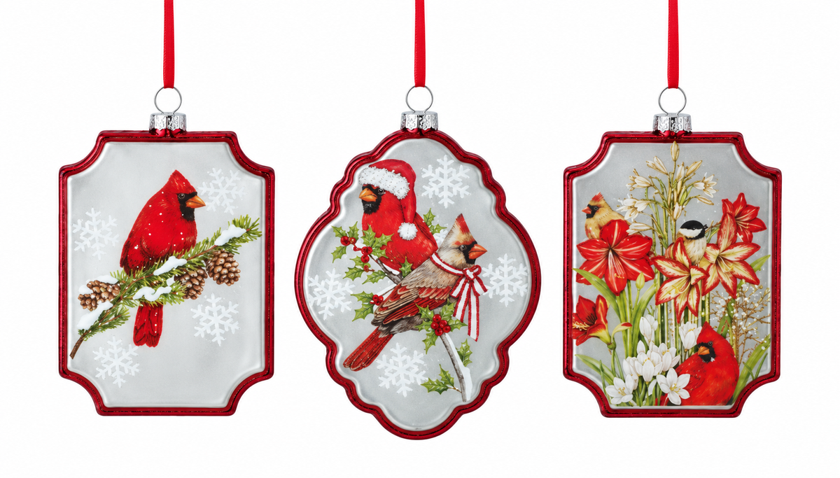 Bolas de Navidad de cardenales en marco de vidrio
