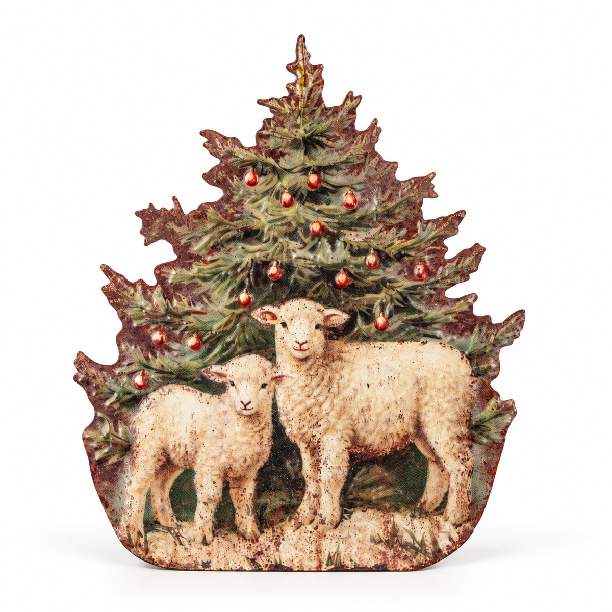 Placa de metal con ovejas y árbol de Navidad