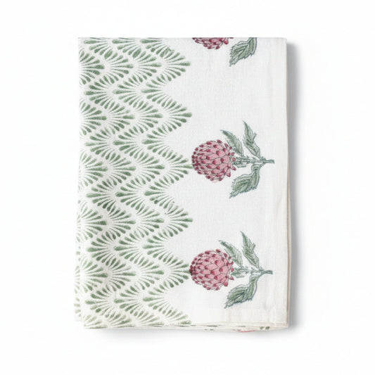 Paño de cocina estampado a mano  Olas verde alcachofa