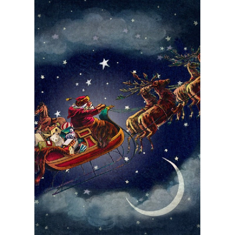 Tarjeta Doble GM y Sobre de Navidad Diseño Trineo y Papá Noel en el Cielo