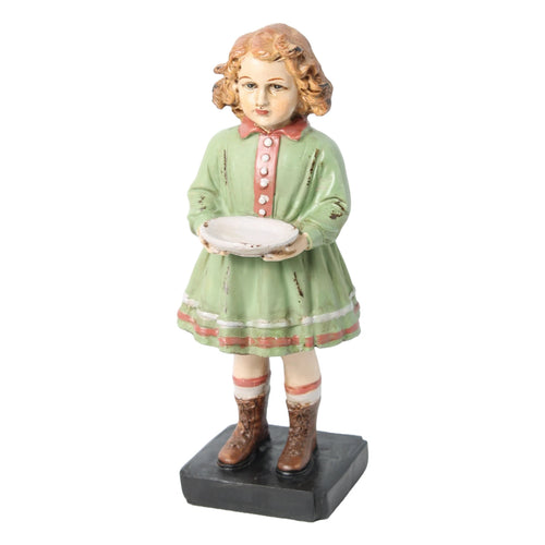 Figura decorativa niña con vestido verde y plato