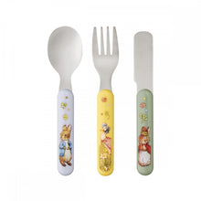 Cargar imagen en el visor de la galería, Set de tres cubiertos pequeños de colores Peter rabbit