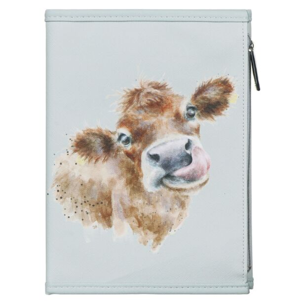 Cartera con bloc de notas y diseño de una vaca