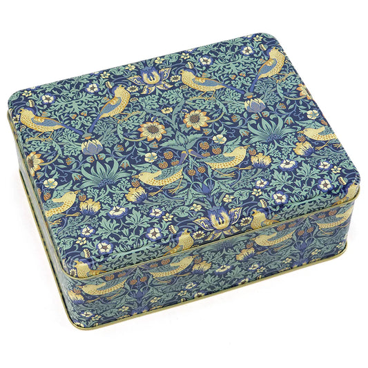 Caja de lata rectangular con diseño de herrerillos azules y flores de primavera