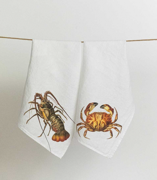 Trapos de cocina de lino con estampado de una nécora y bogavante