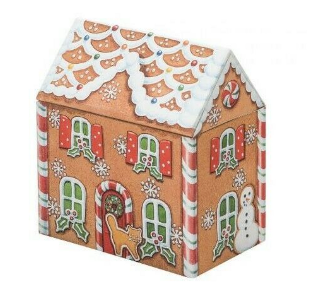 Caja rectangular de lata con diseño de casita de Gingerbread