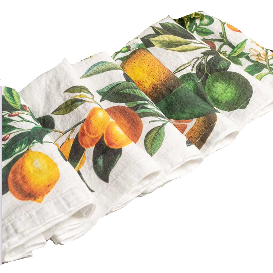 Set de seis servilletas de lino blanco estampadas de cítricos