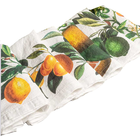 Set de seis servilletas de lino blanco estampadas de cítricos