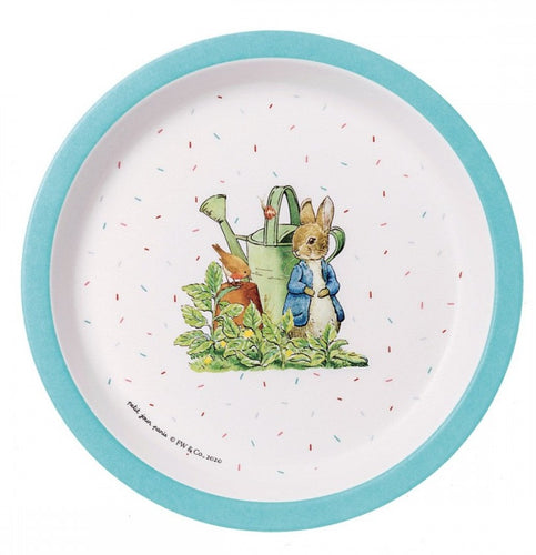 Plato azul de melamina con dibujo de Peter Rabbit