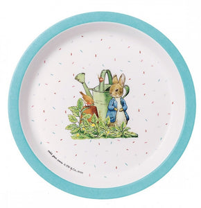 Plato azul de melamina con dibujo de Peter Rabbit