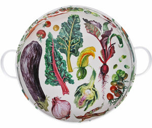 Bandeja redonda de lata con dibujo de verduras